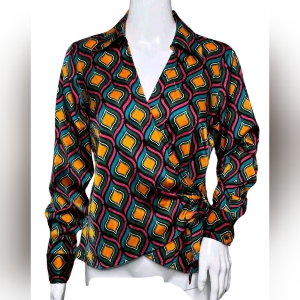 Cupcakes And Cashmere Shirt Womens XS Blue Orange Geometric Satin Colorfup Wrap